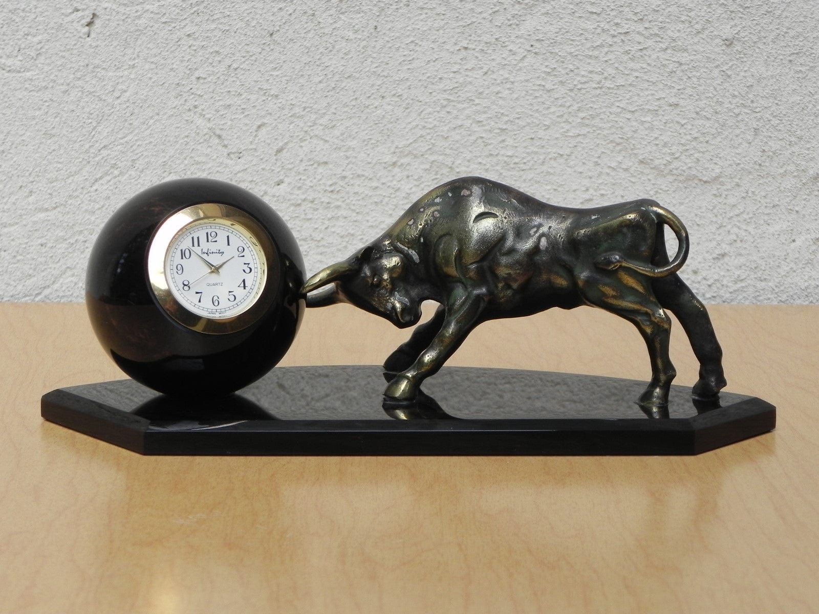 I Like Mike's Mid Century Modern Clock Brass Bull Pushing Black Marble Ball Desk Clock Sculpture