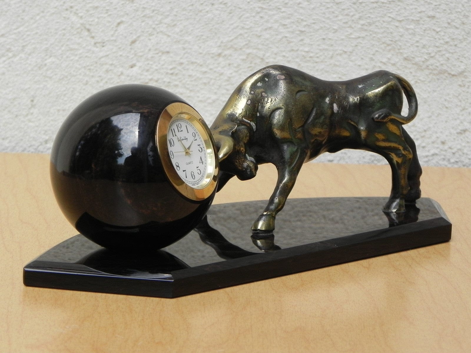 I Like Mike's Mid Century Modern Clock Brass Bull Pushing Black Marble Ball Desk Clock Sculpture