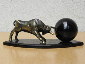 I Like Mike's Mid Century Modern Clock Brass Bull Pushing Black Marble Ball Desk Clock Sculpture