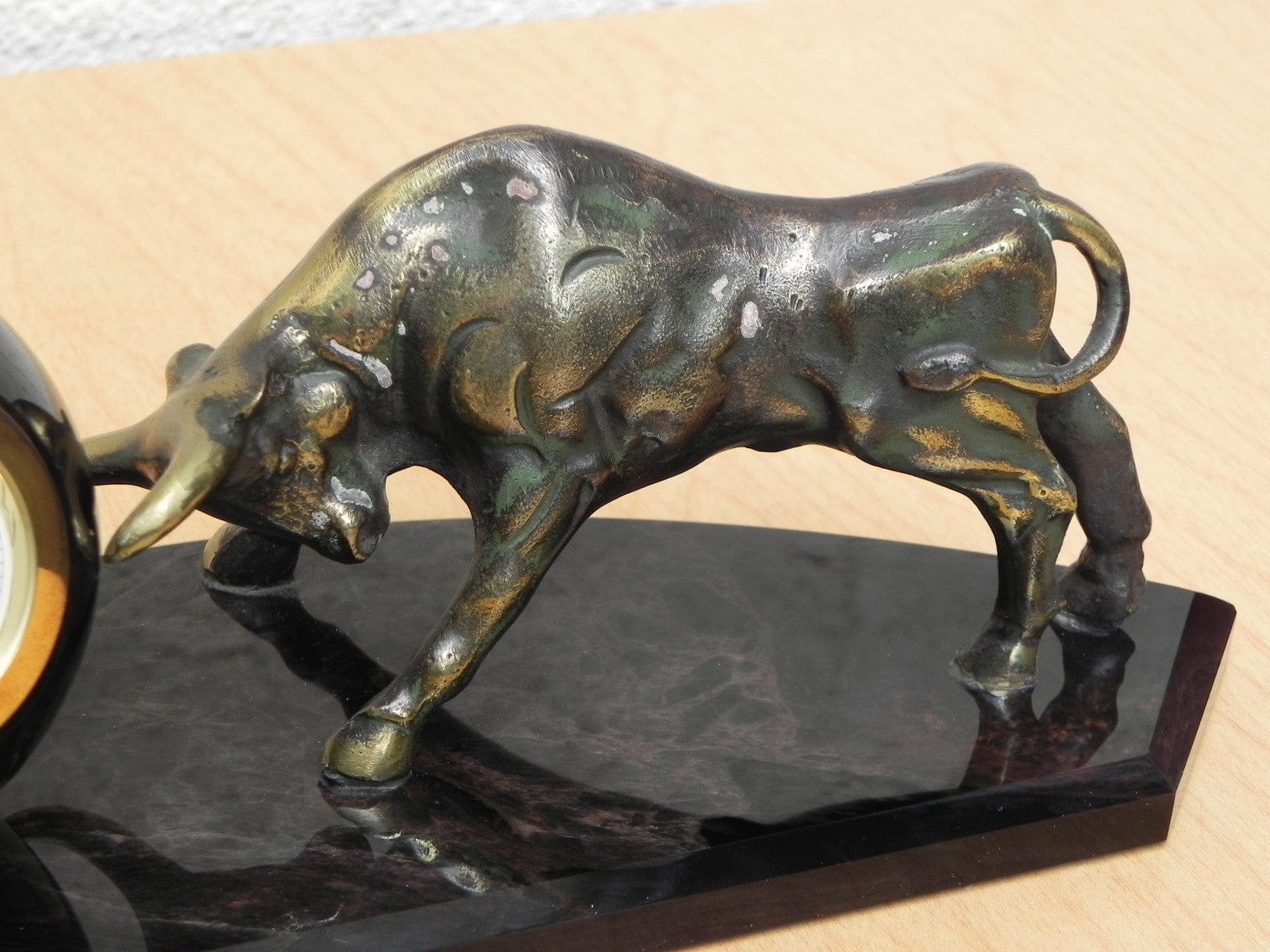 I Like Mike's Mid Century Modern Clock Brass Bull Pushing Black Marble Ball Desk Clock Sculpture