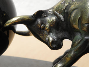I Like Mike's Mid Century Modern Clock Brass Bull Pushing Black Marble Ball Desk Clock Sculpture