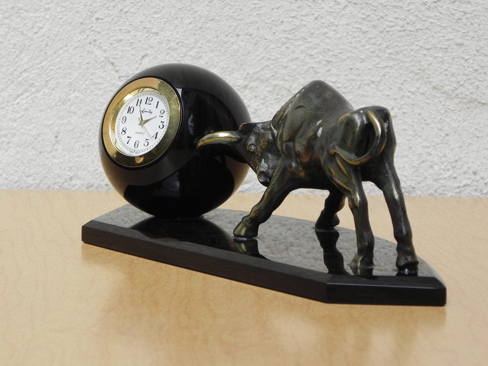 I Like Mike's Mid Century Modern Clock Brass Bull Pushing Black Marble Ball Desk Clock Sculpture