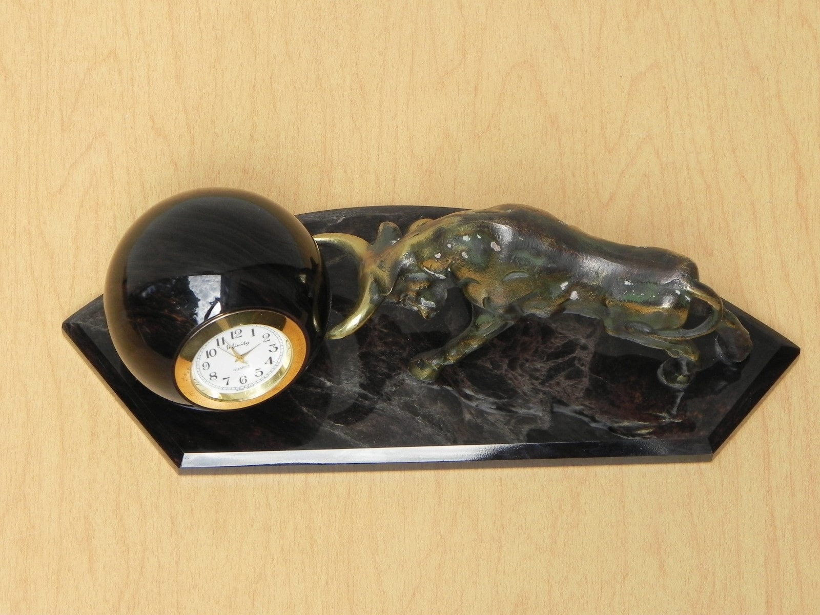 I Like Mike's Mid Century Modern Clock Brass Bull Pushing Black Marble Ball Desk Clock Sculpture