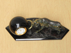 I Like Mike's Mid Century Modern Clock Brass Bull Pushing Black Marble Ball Desk Clock Sculpture