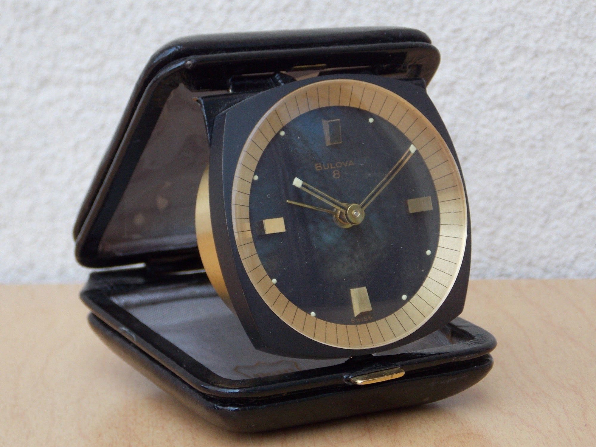 I Like Mike's Mid Century Modern Clock Bulova 8-Day Brass Black Leather Square Travel Clock, Wind Up