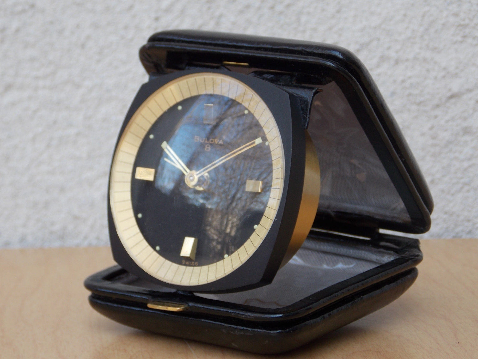 I Like Mike's Mid Century Modern Clock Bulova 8-Day Brass Black Leather Square Travel Clock, Wind Up