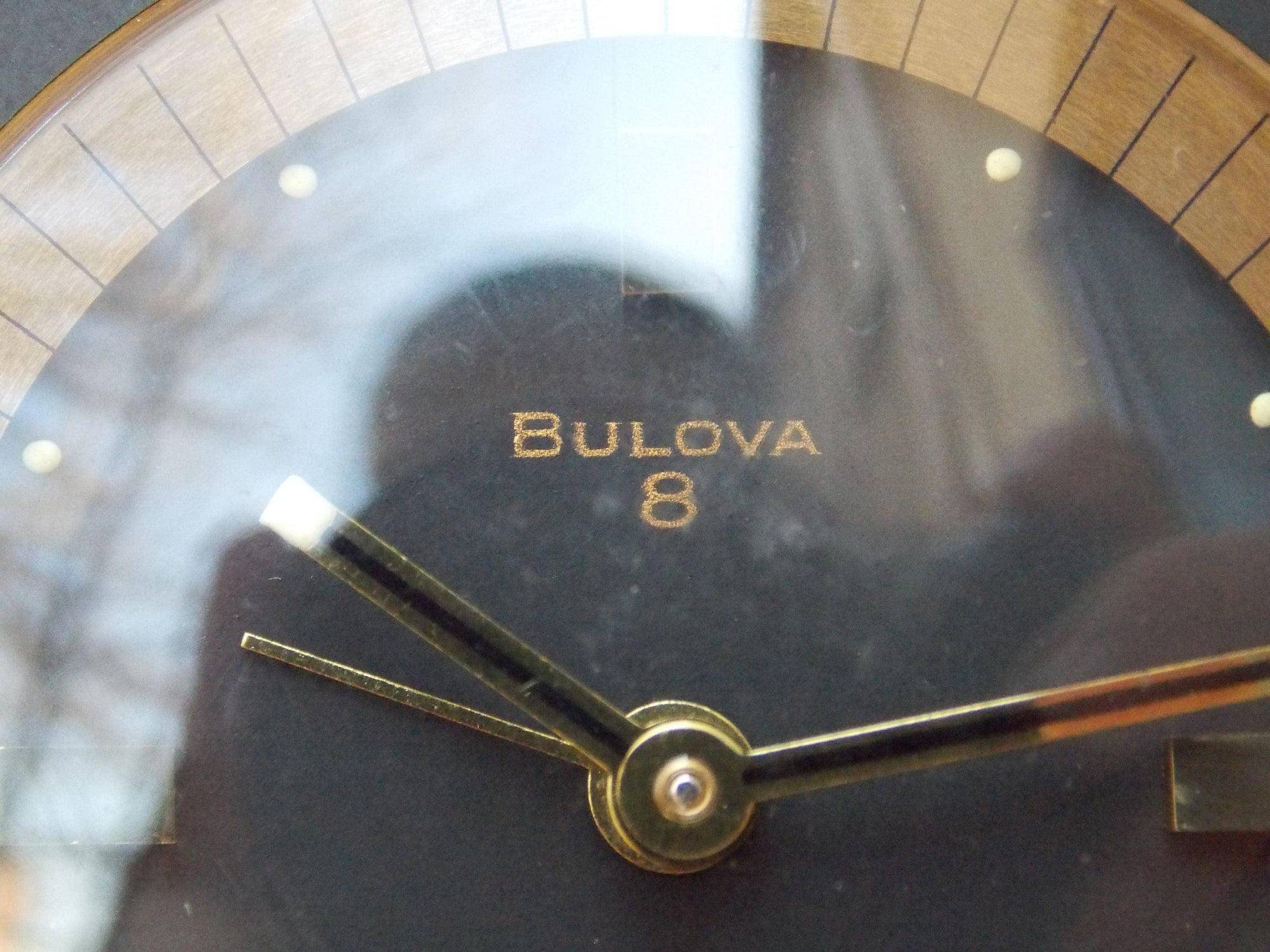 I Like Mike's Mid Century Modern Clock Bulova 8-Day Brass Black Leather Square Travel Clock, Wind Up