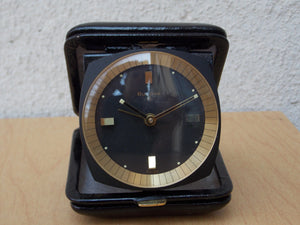 I Like Mike's Mid Century Modern Clock Bulova 8-Day Brass Black Leather Square Travel Clock, Wind Up