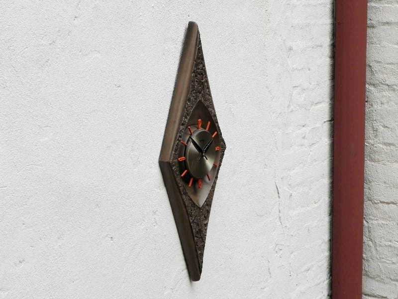 I Like Mike's Mid-Century Modern Clock Burwood Products Brown Orange Arabesque Diamond Wall Clock