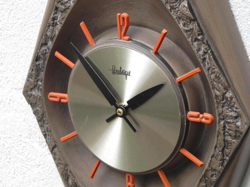 I Like Mike's Mid-Century Modern Clock Burwood Products Brown Orange Arabesque Diamond Wall Clock