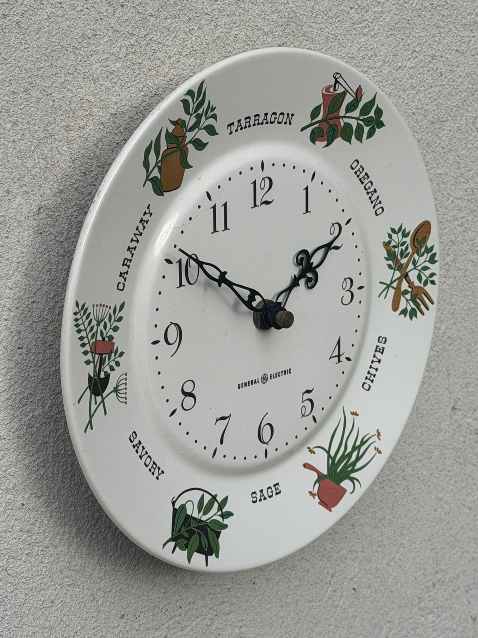 I Like Mike's Mid Century Modern Clock Ceramic Plate Clock, 1970's White and Green Herbs by GE
