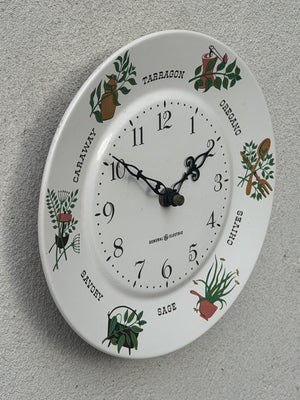 I Like Mike's Mid Century Modern Clock Ceramic Plate Clock, 1970's White and Green Herbs by GE