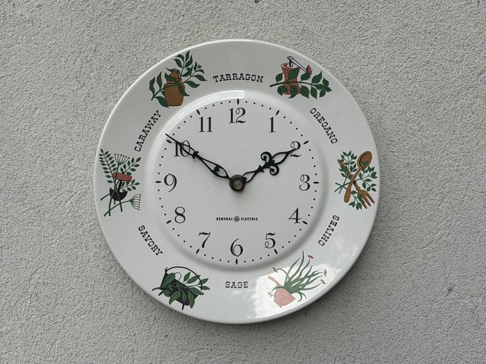 I Like Mike's Mid Century Modern Clock Ceramic Plate Clock, 1970's White and Green Herbs by GE