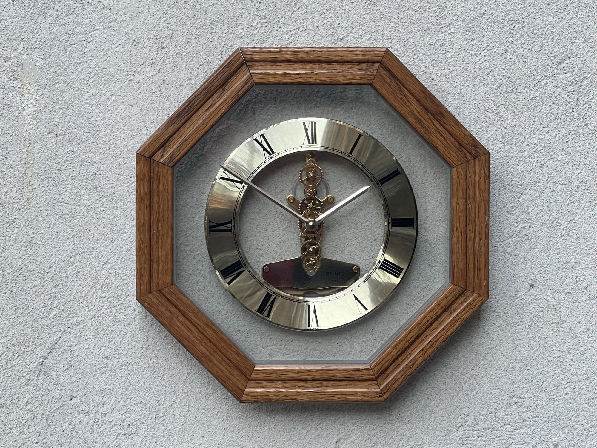 I Like Mike's Mid Century Modern Clock Elgin Oak Gold Floating Octagon Wall Clock