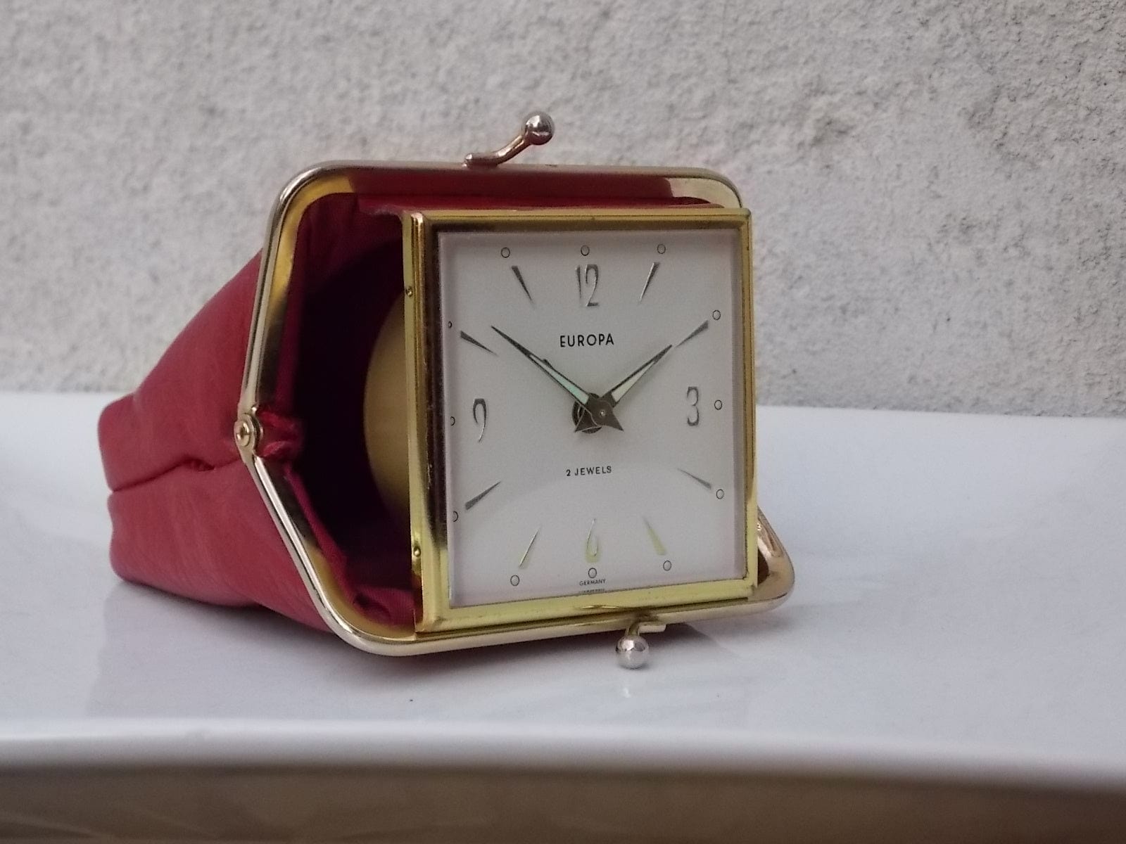 I Like Mike's Mid Century Modern Clock Europa Red Leather Coin Purse Travel Clock, Wind Up