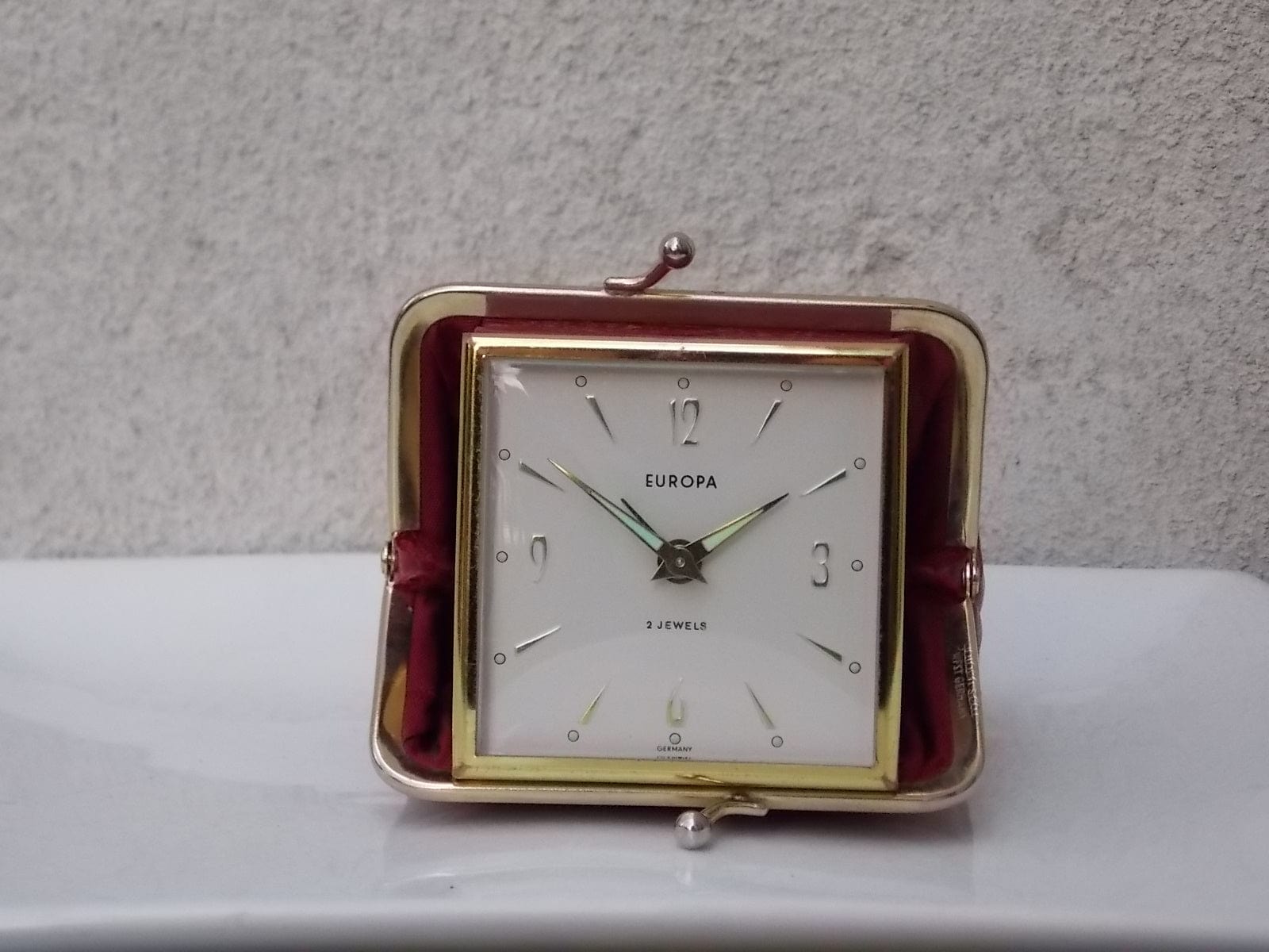 I Like Mike's Mid Century Modern Clock Europa Red Leather Coin Purse Travel Clock, Wind Up