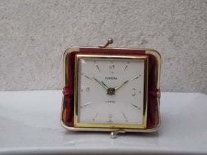 I Like Mike's Mid Century Modern Clock Europa Red Leather Coin Purse Travel Clock, Wind Up