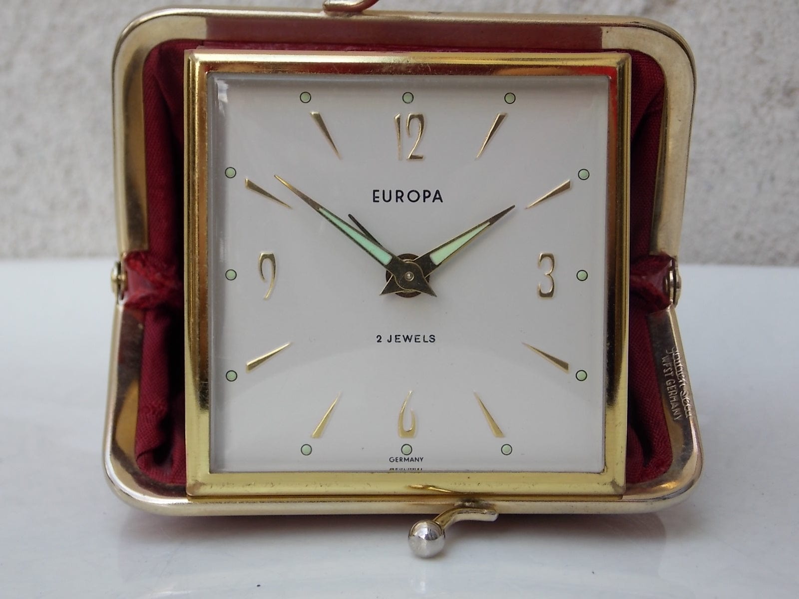 I Like Mike's Mid Century Modern Clock Europa Red Leather Coin Purse Travel Clock, Wind Up