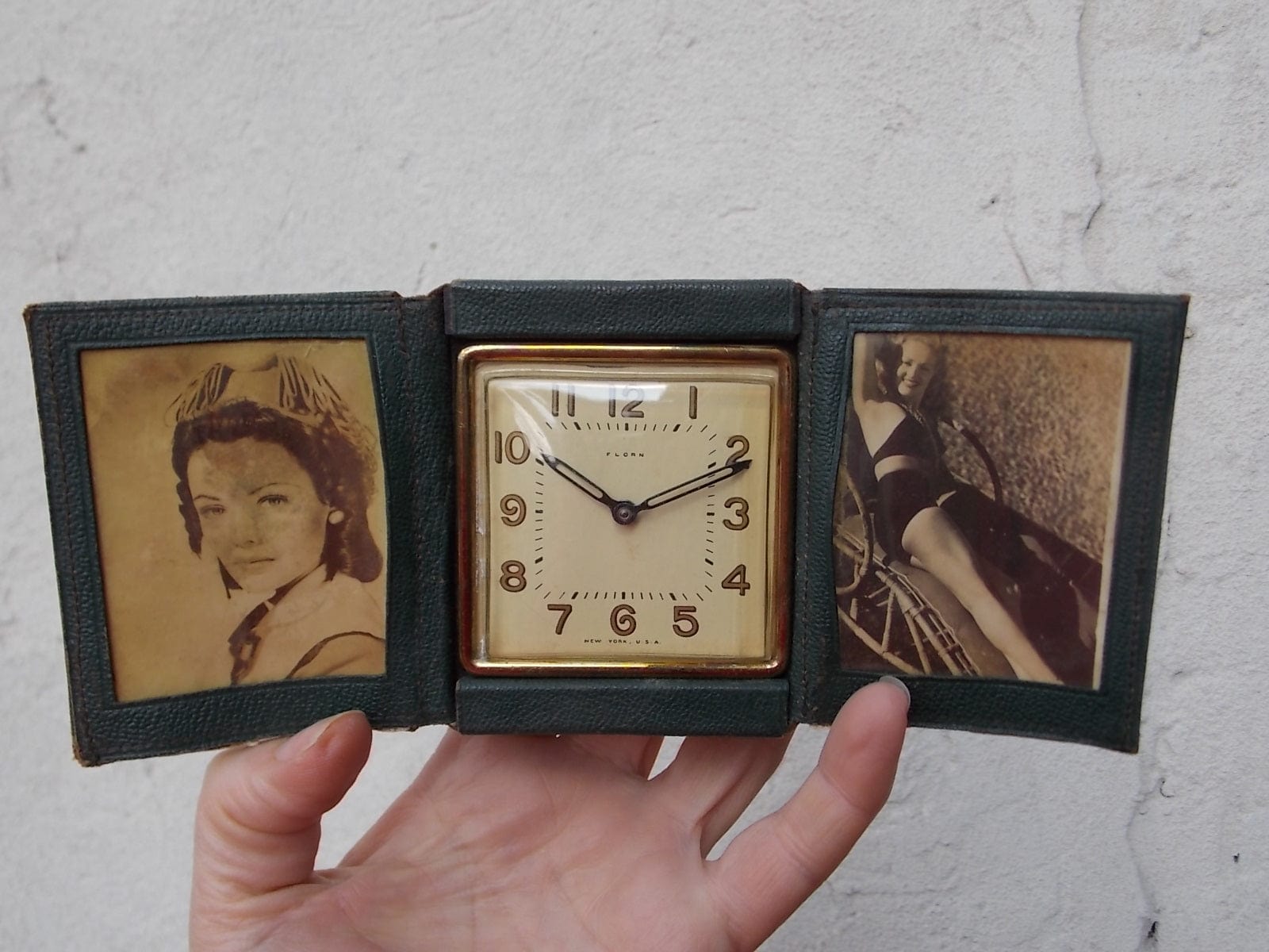 I Like Mike's Mid Century Modern Clock Florn Wind-Up Travel Clock from 1940's with Gene Tierney & Betty Grable