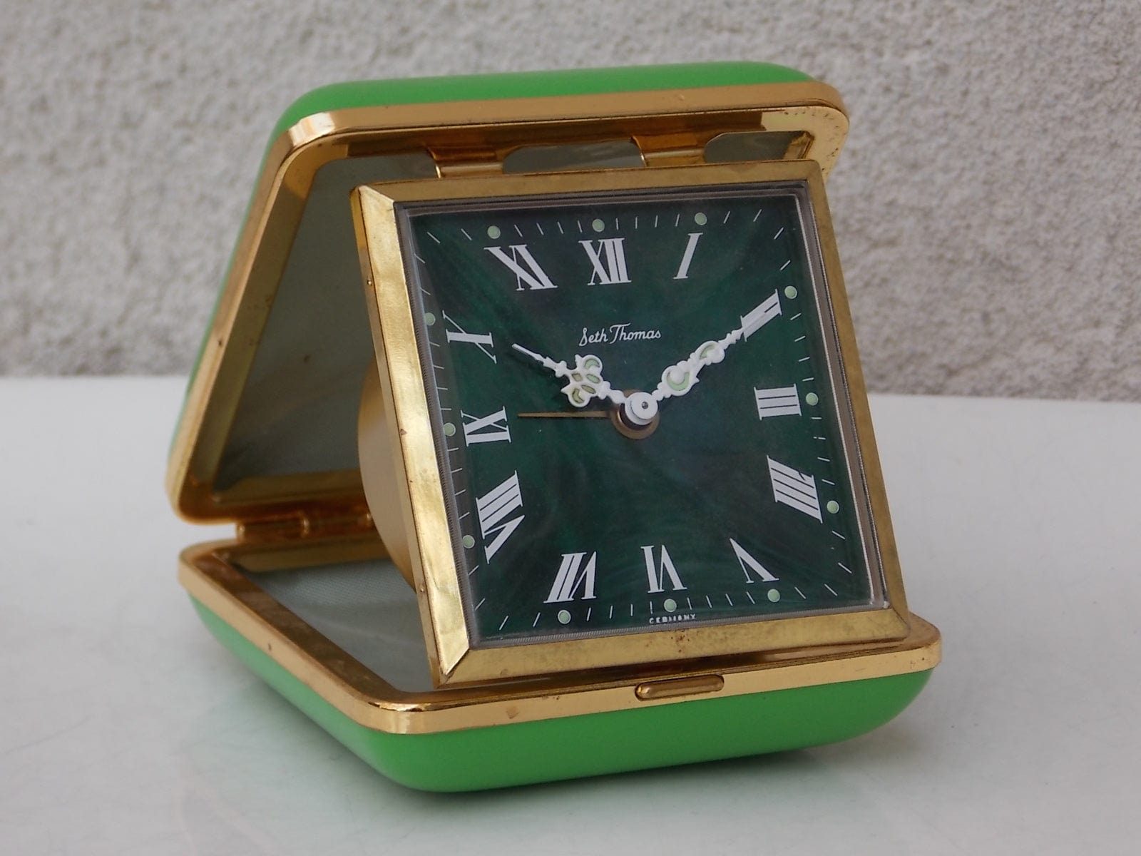 I Like Mike's Mid Century Modern Clock Green Seth Thomas West German Travel Clock, Wind Up