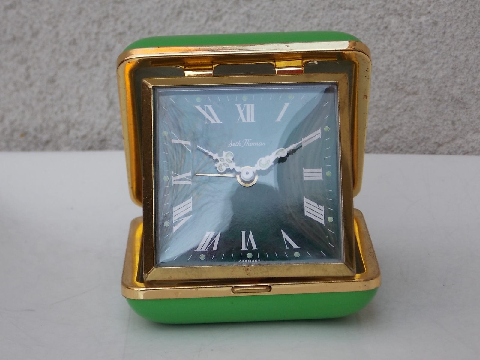 I Like Mike's Mid Century Modern Clock Green Seth Thomas West German Travel Clock, Wind Up