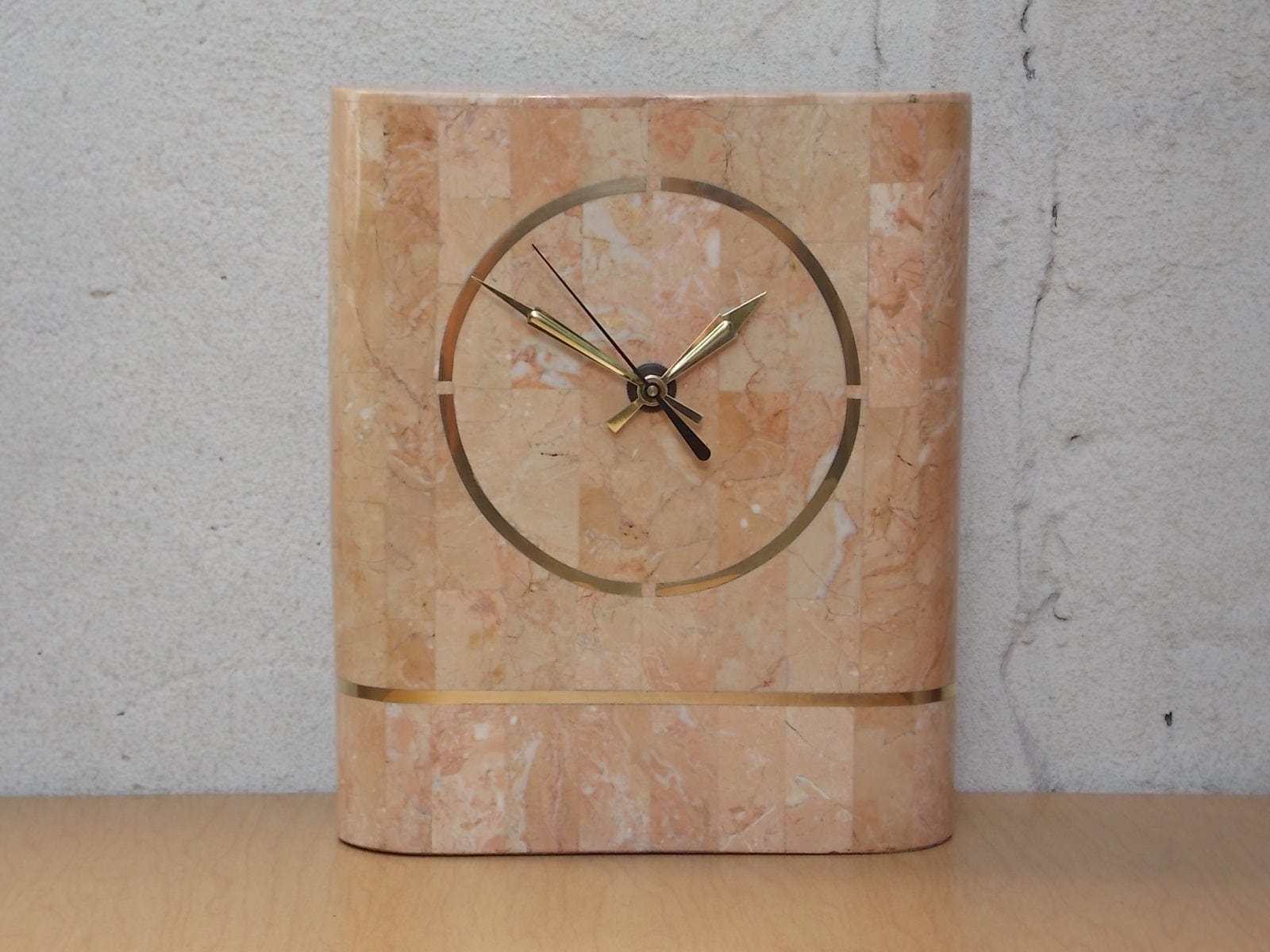 I Like Mike's Mid Century Modern Clock Heavy Pink 1980s Faux Marble Mantle Clock with Deco Details