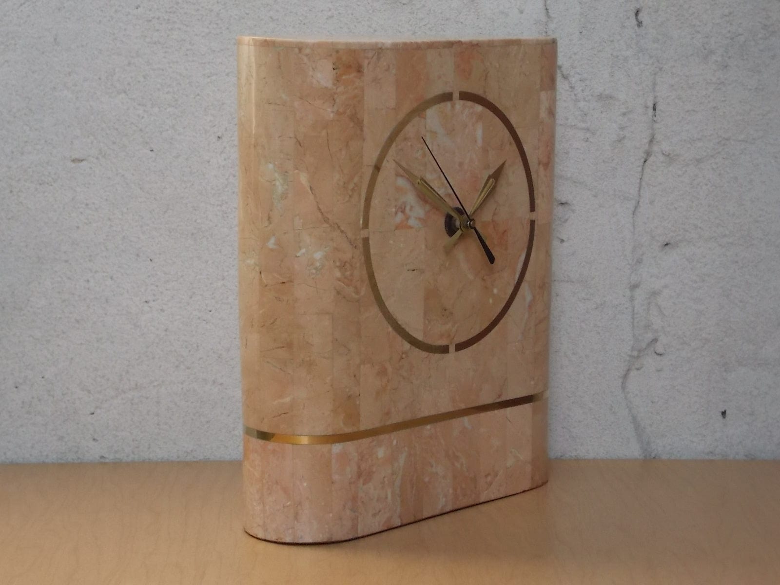 I Like Mike's Mid Century Modern Clock Heavy Pink 1980s Faux Marble Mantle Clock with Deco Details