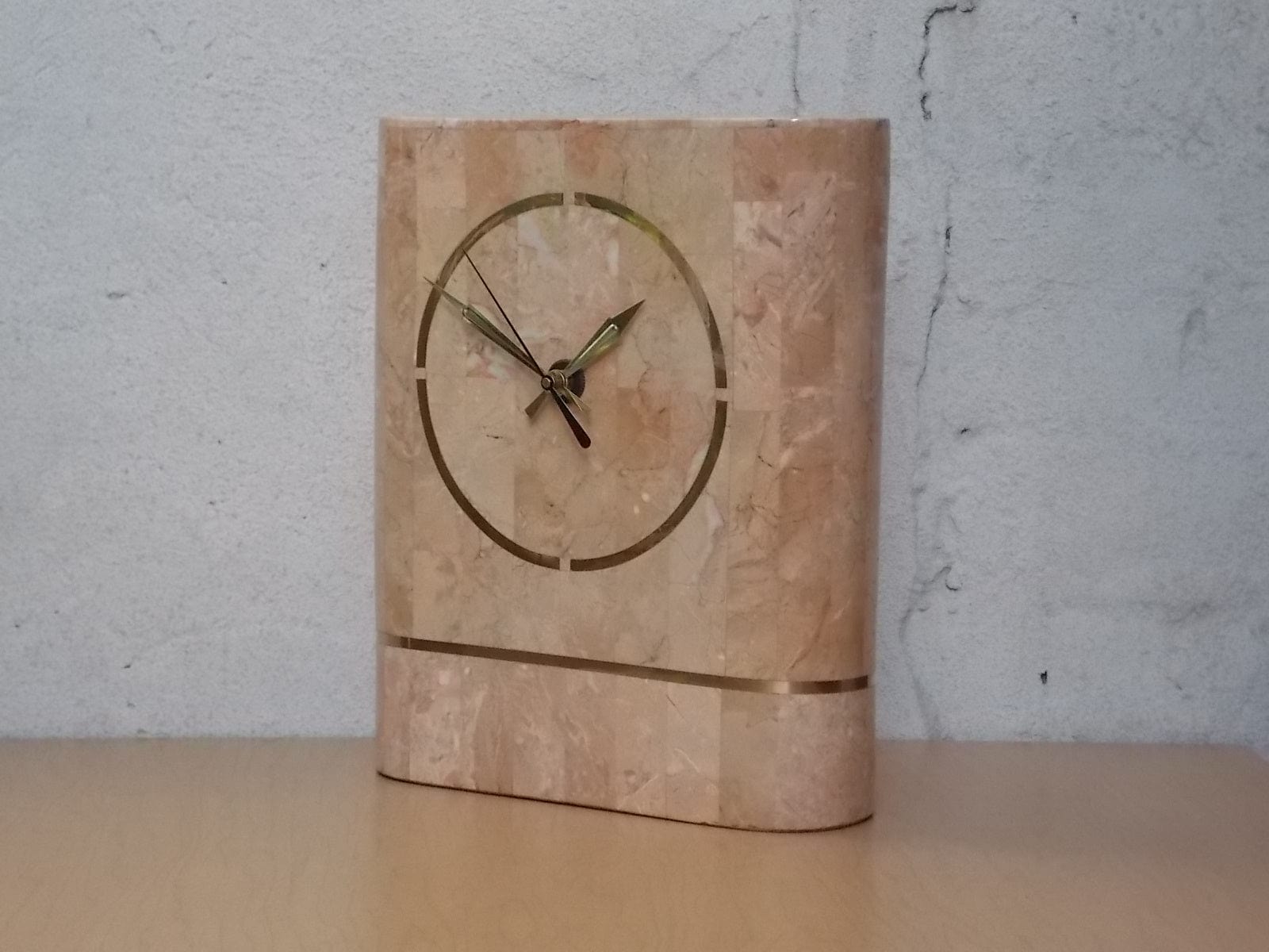 I Like Mike's Mid Century Modern Clock Heavy Pink 1980s Faux Marble Mantle Clock with Deco Details