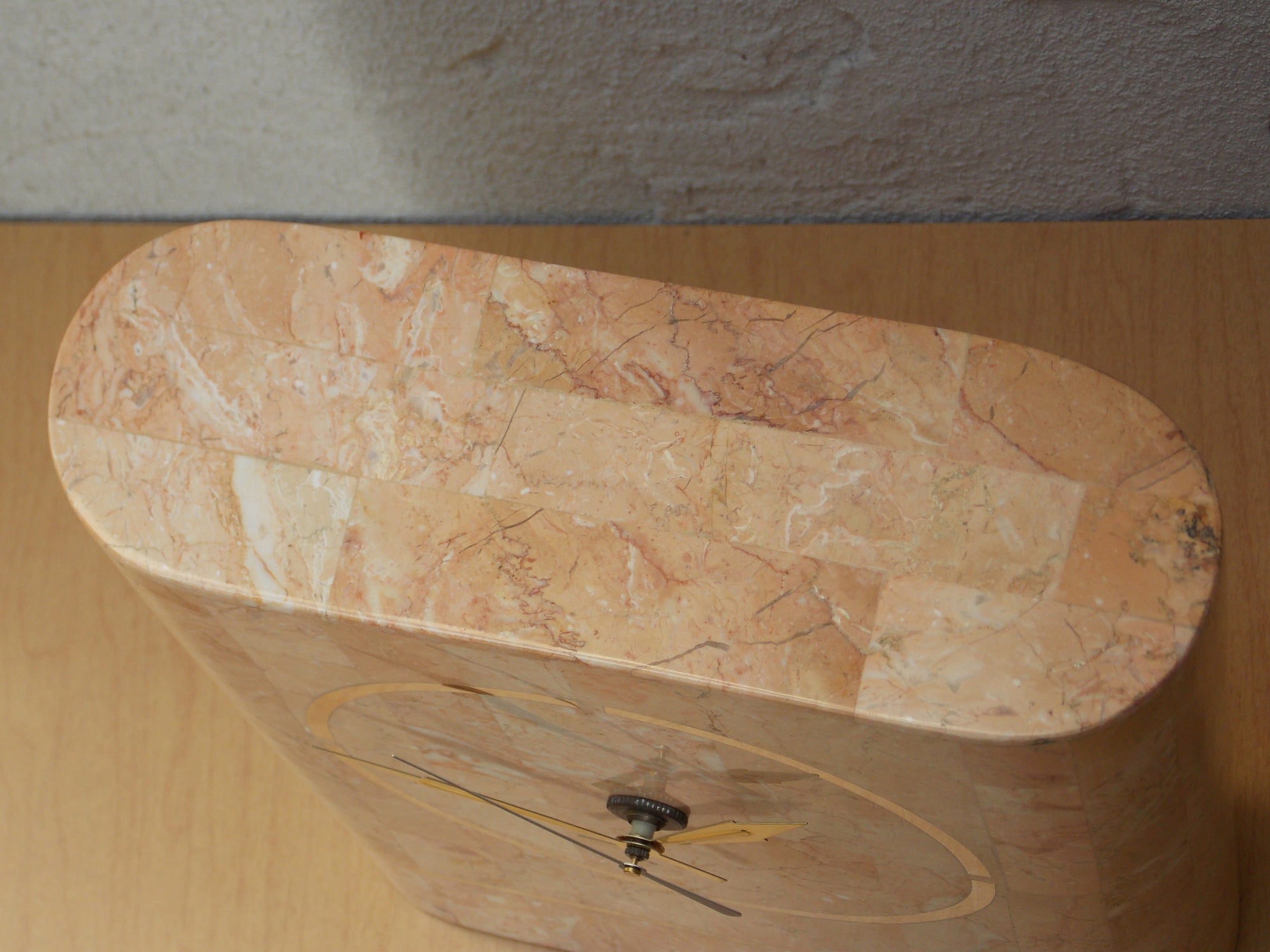 I Like Mike's Mid Century Modern Clock Heavy Pink 1980s Faux Marble Mantle Clock with Deco Details