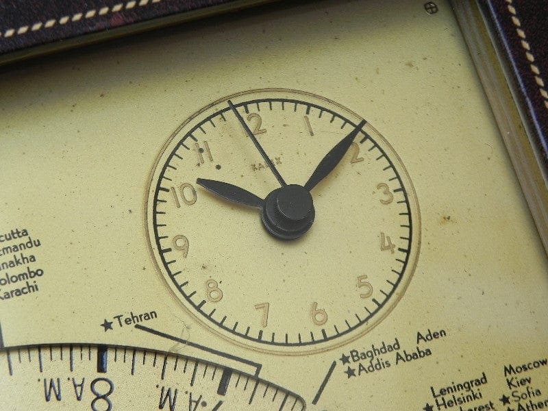 I Like Mike's Mid Century Modern Clock Kalex Large Gold World Desk Clock in Leather, from 1951
