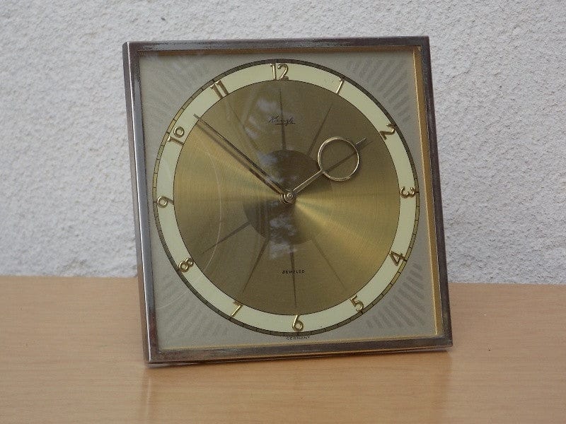 I Like Mike's Mid-Century Modern Clock Kienzle Square Brass Jeweled Desk Clock