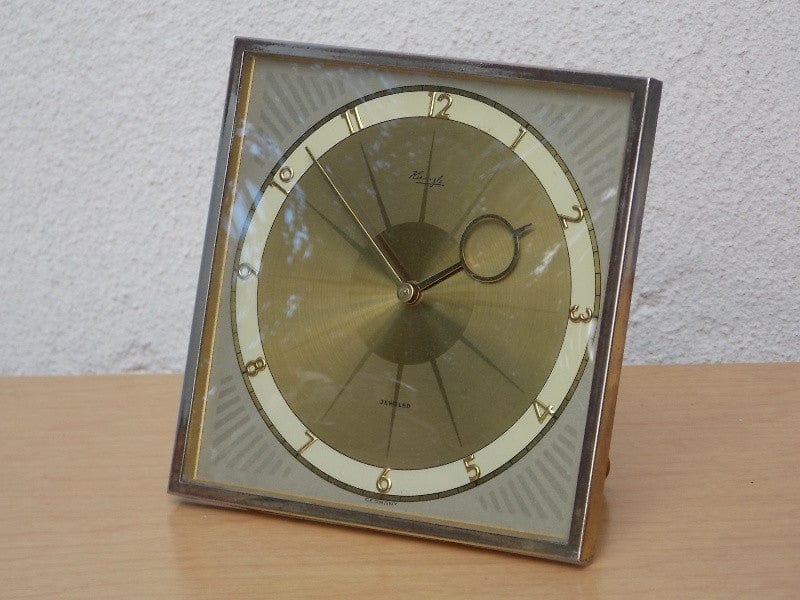 I Like Mike's Mid-Century Modern Clock Kienzle Square Brass Jeweled Desk Clock