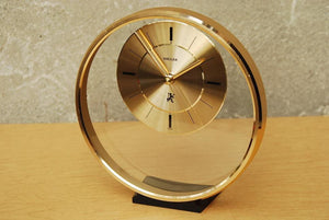 I Like Mike's Mid-Century Modern Clock Kruger Floating Lucite Gold Round Mantel Clock