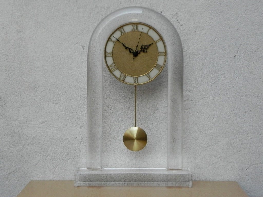 I Like Mike's Mid Century Modern Clock Large Modern 1980s Lucite Quartz Pendulum Mantel Clock, New Movement