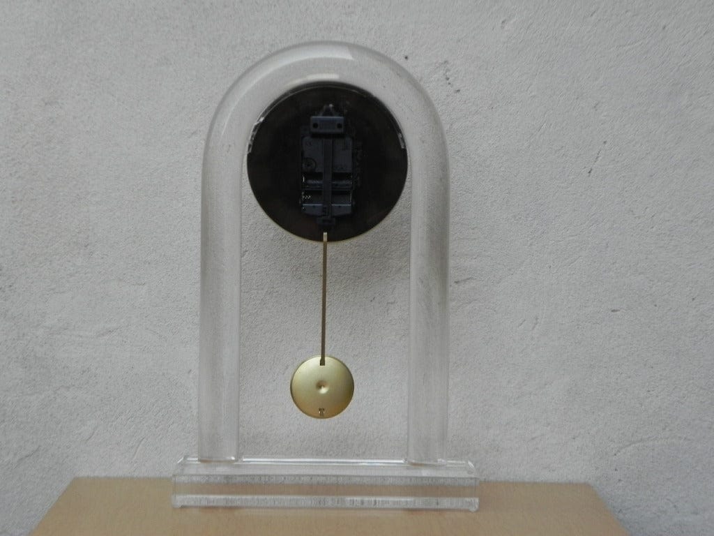 I Like Mike's Mid Century Modern Clock Large Modern 1980s Lucite Quartz Pendulum Mantel Clock, New Movement