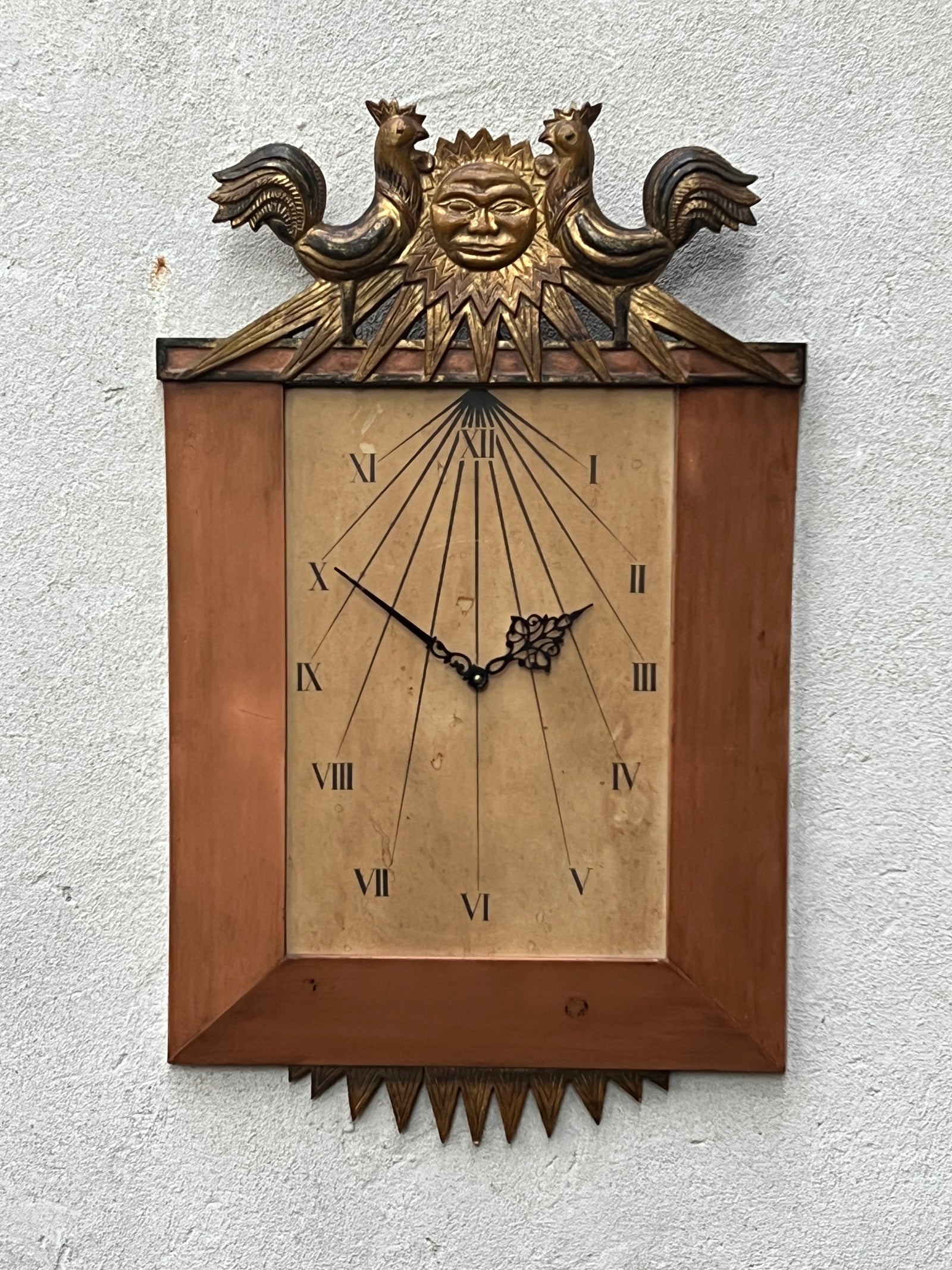 I Like Mike's Mid Century Modern Clock Large Palladio Hand Carved Wood Venetian Italian Wall Clock, with Sun and Chickens
