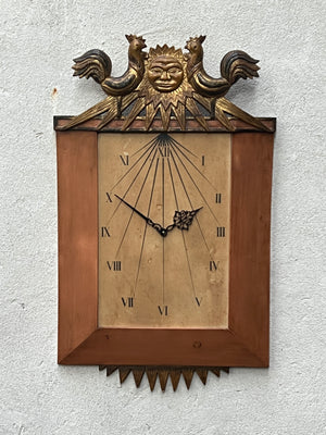I Like Mike's Mid Century Modern Clock Large Palladio Hand Carved Wood Venetian Italian Wall Clock, with Sun and Chickens