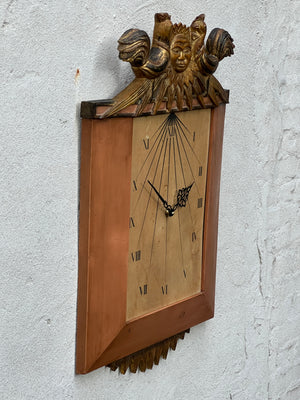 I Like Mike's Mid Century Modern Clock Large Palladio Hand Carved Wood Venetian Italian Wall Clock, with Sun and Chickens