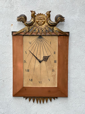 I Like Mike's Mid Century Modern Clock Large Palladio Hand Carved Wood Venetian Italian Wall Clock, with Sun and Chickens