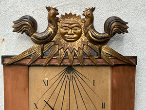 I Like Mike's Mid Century Modern Clock Large Palladio Hand Carved Wood Venetian Italian Wall Clock, with Sun and Chickens