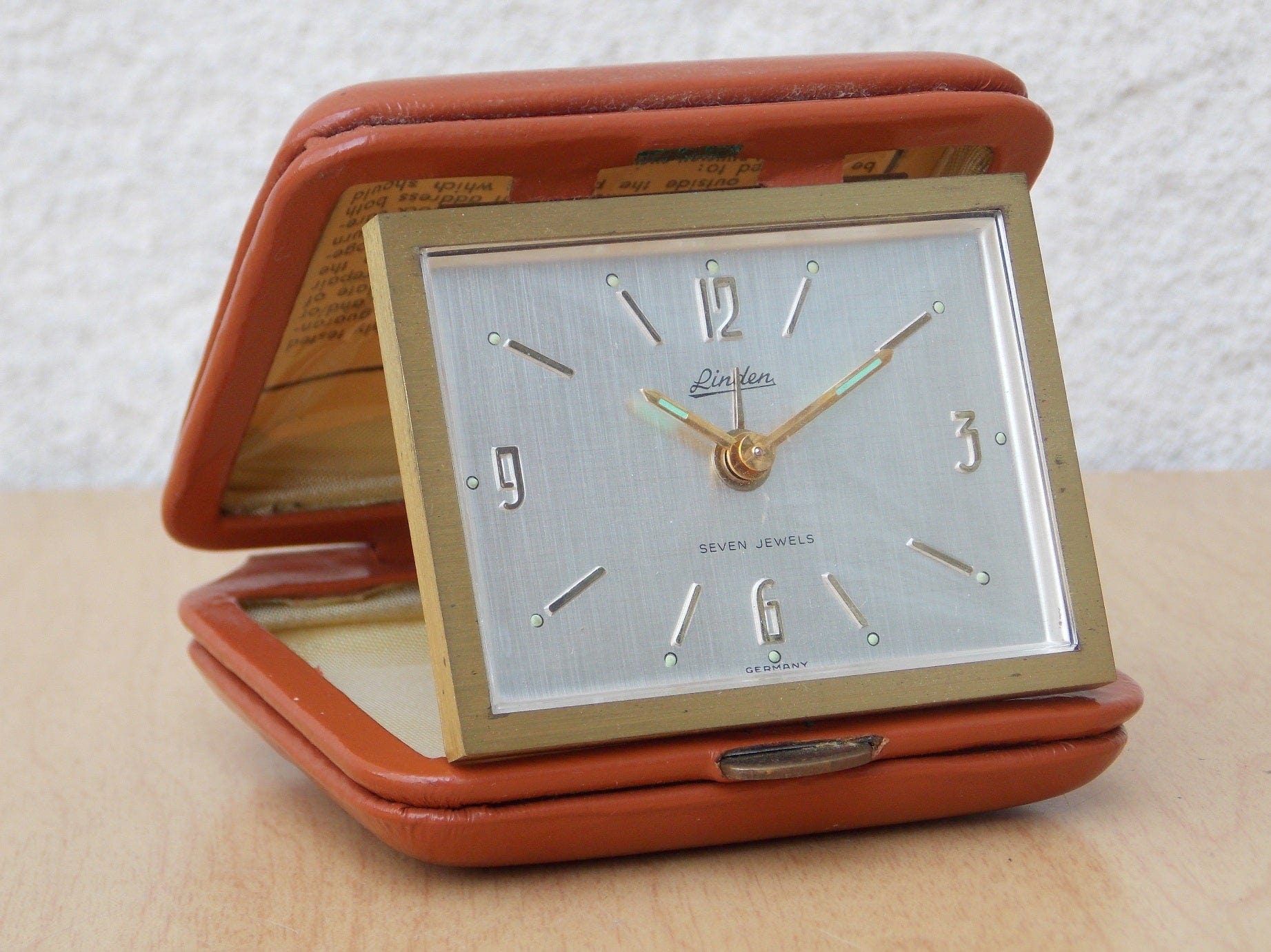 I Like Mike's Mid Century Modern Clock Linden Brass Brown Leather Travel Clock, Wind Up, 7 Jewels