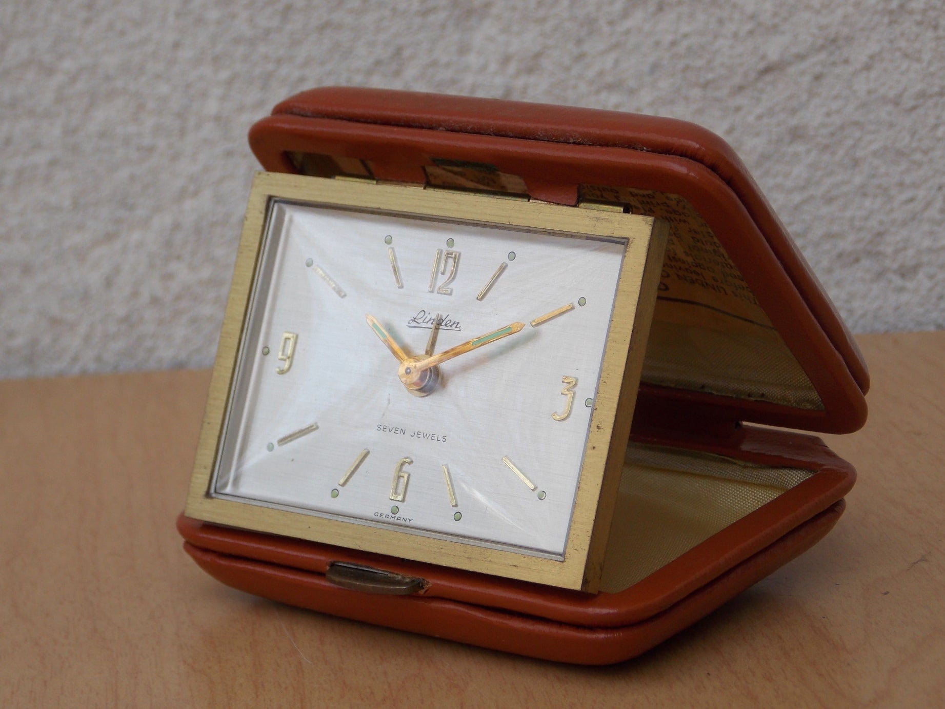 I Like Mike's Mid Century Modern Clock Linden Brass Brown Leather Travel Clock, Wind Up, 7 Jewels