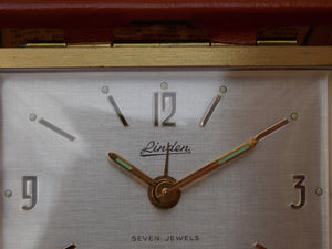 I Like Mike's Mid Century Modern Clock Linden Brass Brown Leather Travel Clock, Wind Up, 7 Jewels