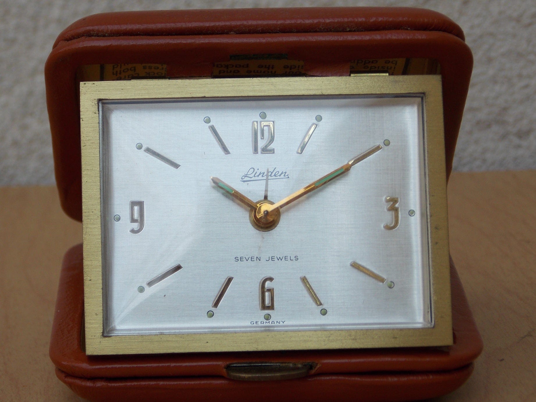 Linden Brass Brown Leather Travel Clock, Wind Up, 7 Jewels - I