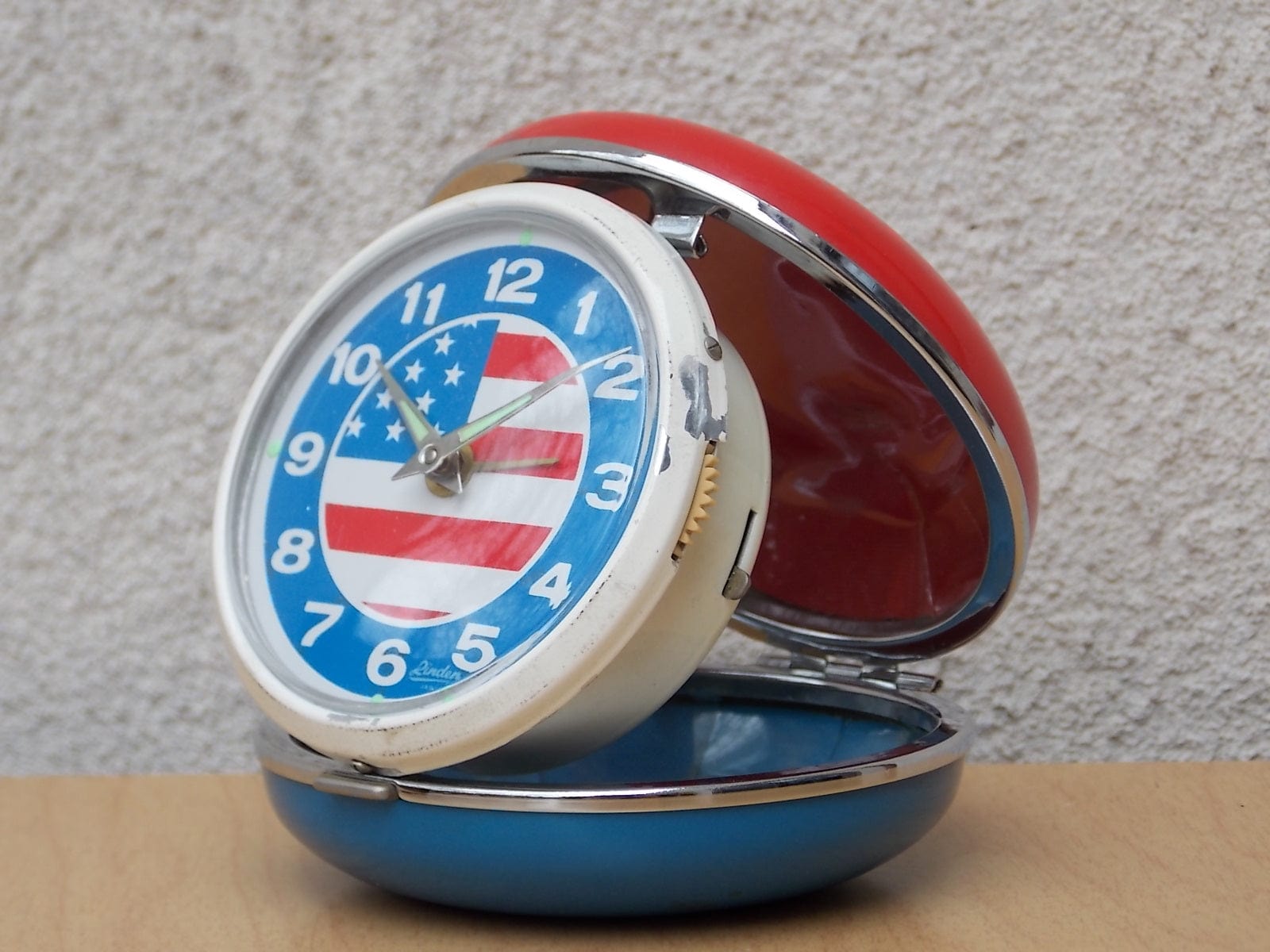 I Like Mike's Mid Century Modern Clock Linden Red, White & Blue U.S. Flag Travel Clock, Wind Up