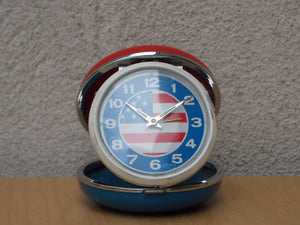 I Like Mike's Mid Century Modern Clock Linden Red, White & Blue U.S. Flag Travel Clock, Wind Up