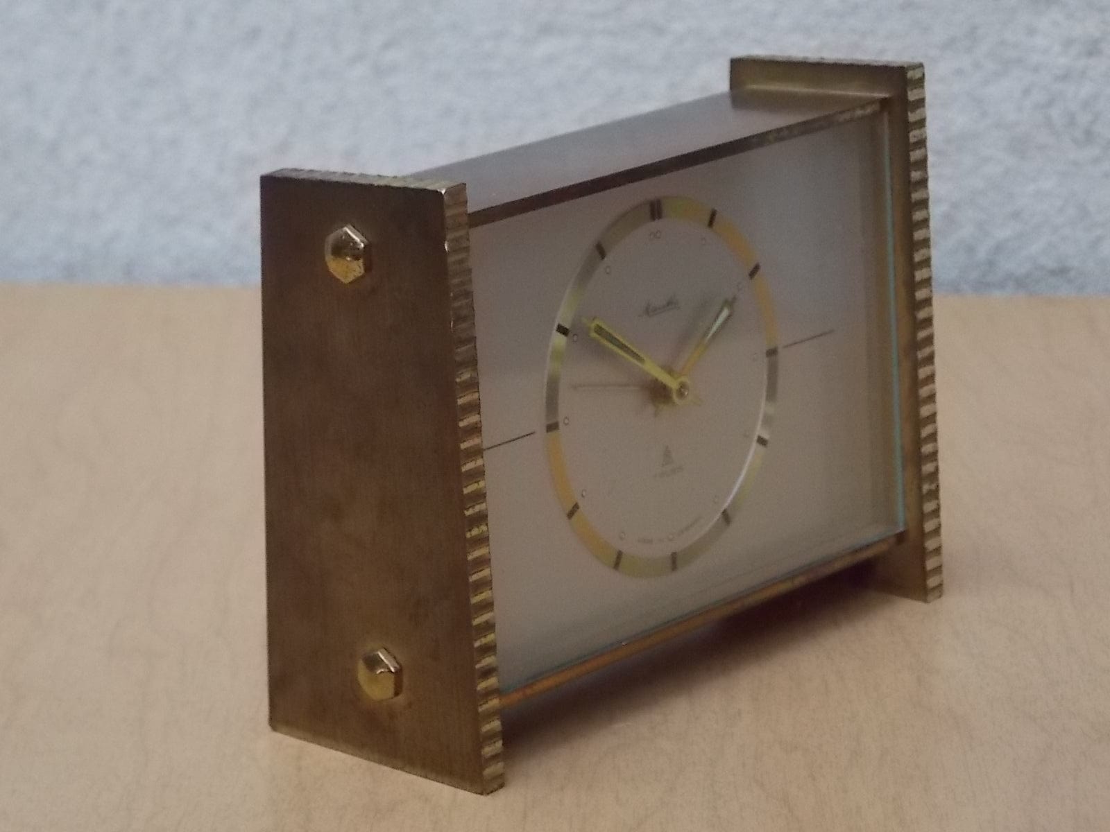 I Like Mike's Mid Century Modern Clock Mauthe Small Modern Brass Mantle Alarm Clock, German Made