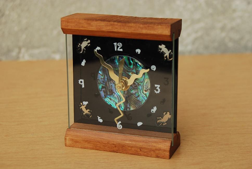 I Like Mike's Mid-Century Modern Clock Memphis Wood & Glass Desk Clock with Paua Shell Face