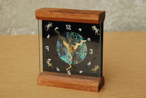 I Like Mike's Mid-Century Modern Clock Memphis Wood & Glass Desk Clock with Paua Shell Face