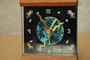 I Like Mike's Mid-Century Modern Clock Memphis Wood & Glass Desk Clock with Paua Shell Face